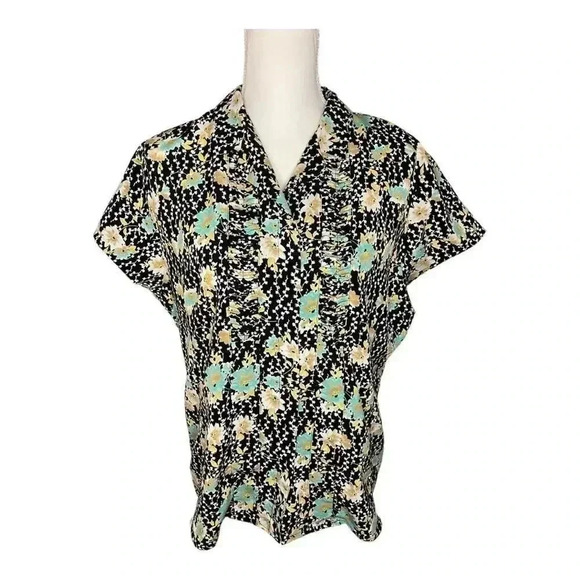 Sag Harbor‎ Women’s Size 16 Black Floral Ruffle Button Down Short Sleeved Top - Picture 1 of 3